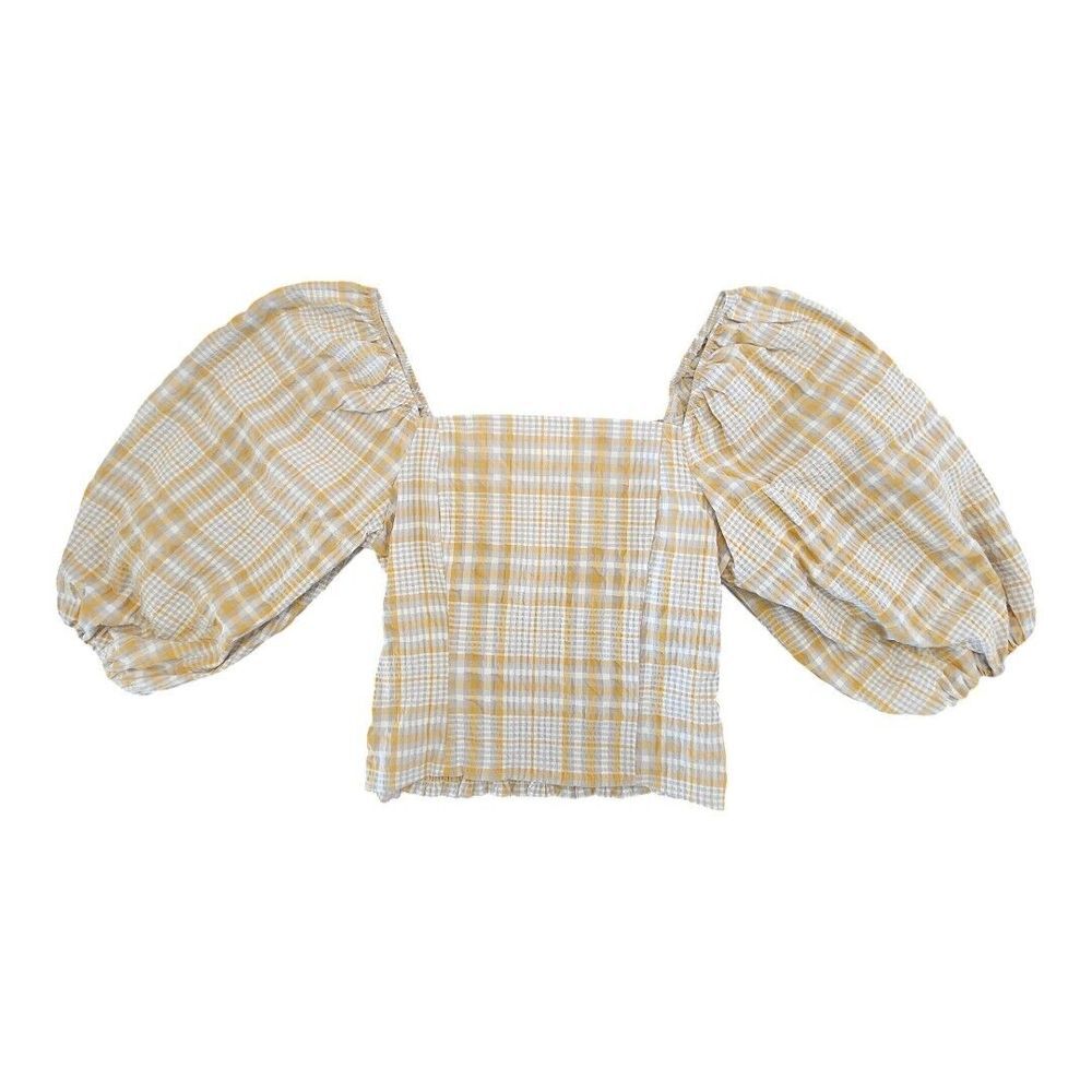 Anthropologie Yellow Plaid Square-Neck Puff-Sleeve Crop Top